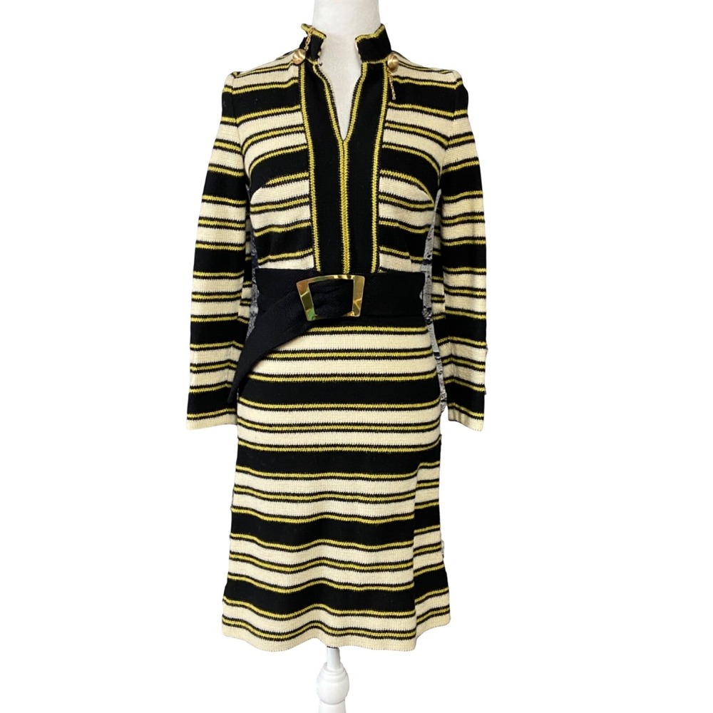 Striped Sweater Dress Womens M Black Belted Collared Long Sleeve Knit Gold